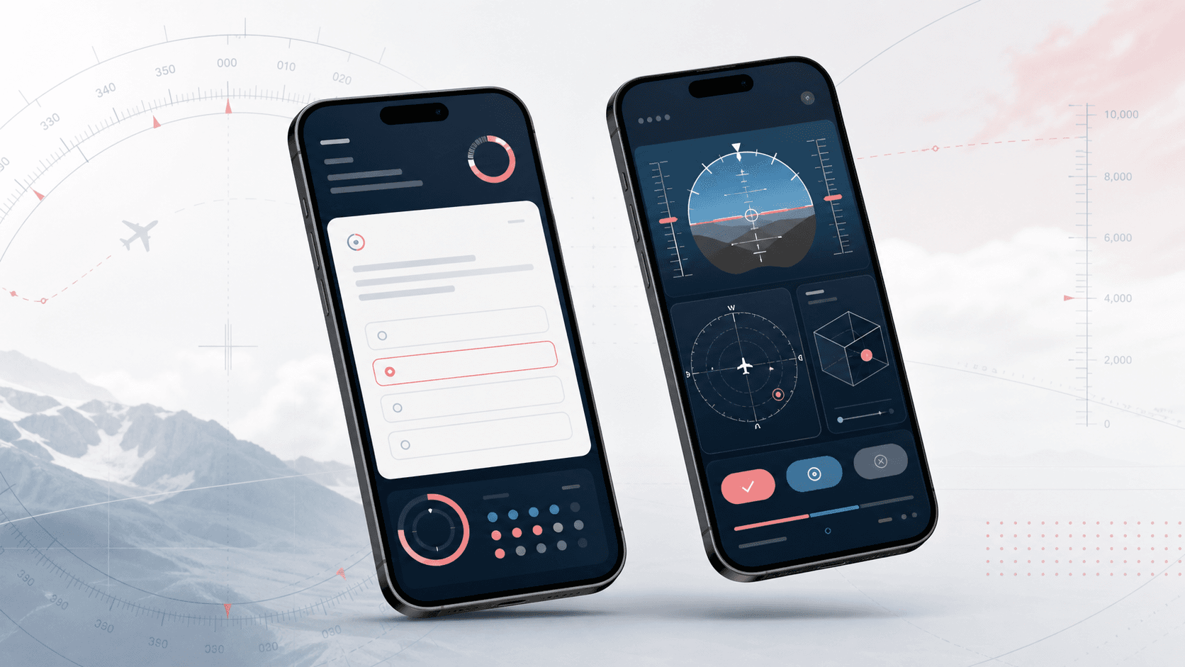 Abstract mobile pilot aptitude training app visual with timed quiz cards, progress rings, flight instrument practice panels, and spatial orientation exercises