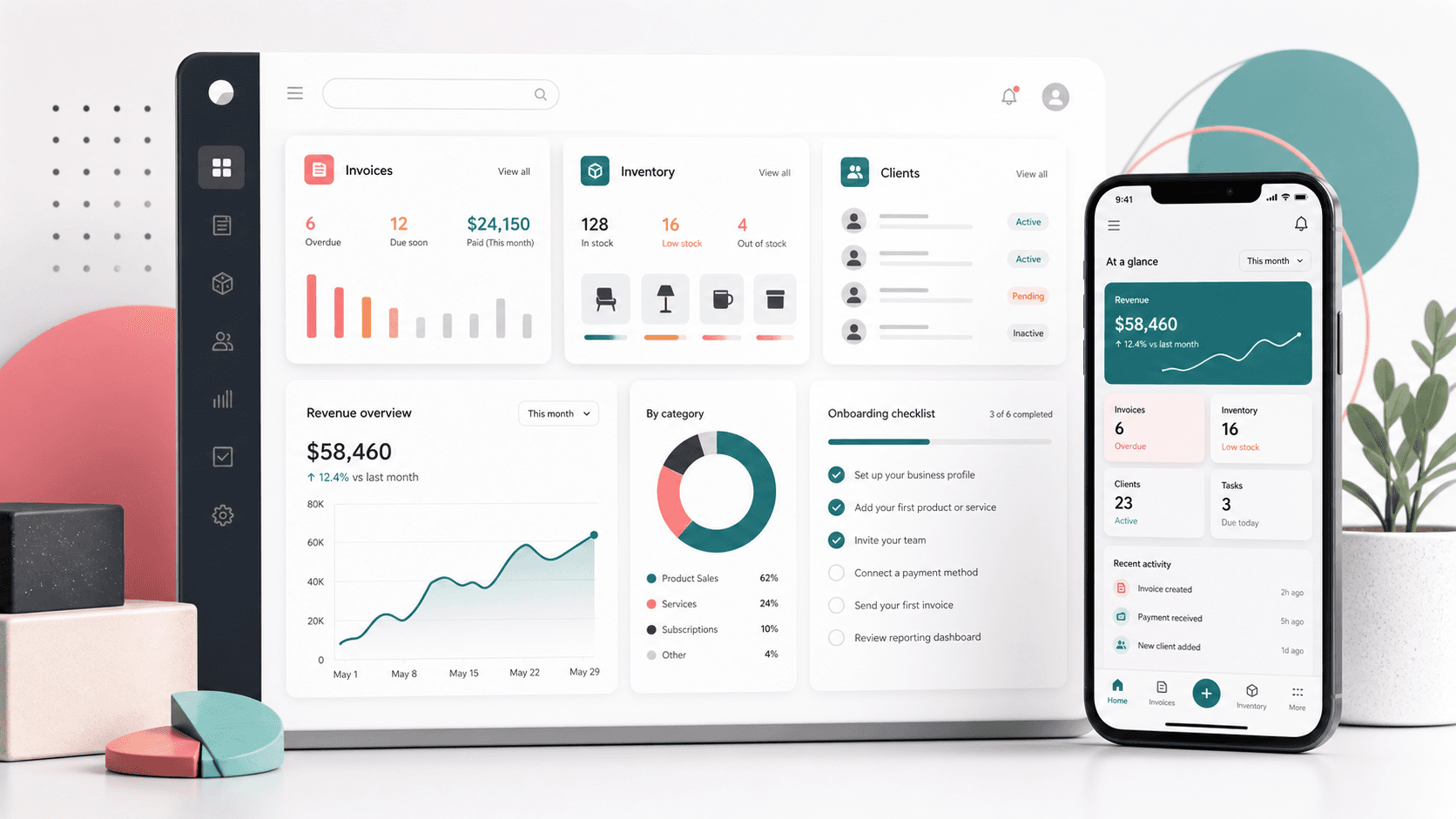 Abstract small business operations SaaS workspace with invoices, inventory, client records, dashboard metrics, onboarding, and mobile companion screens