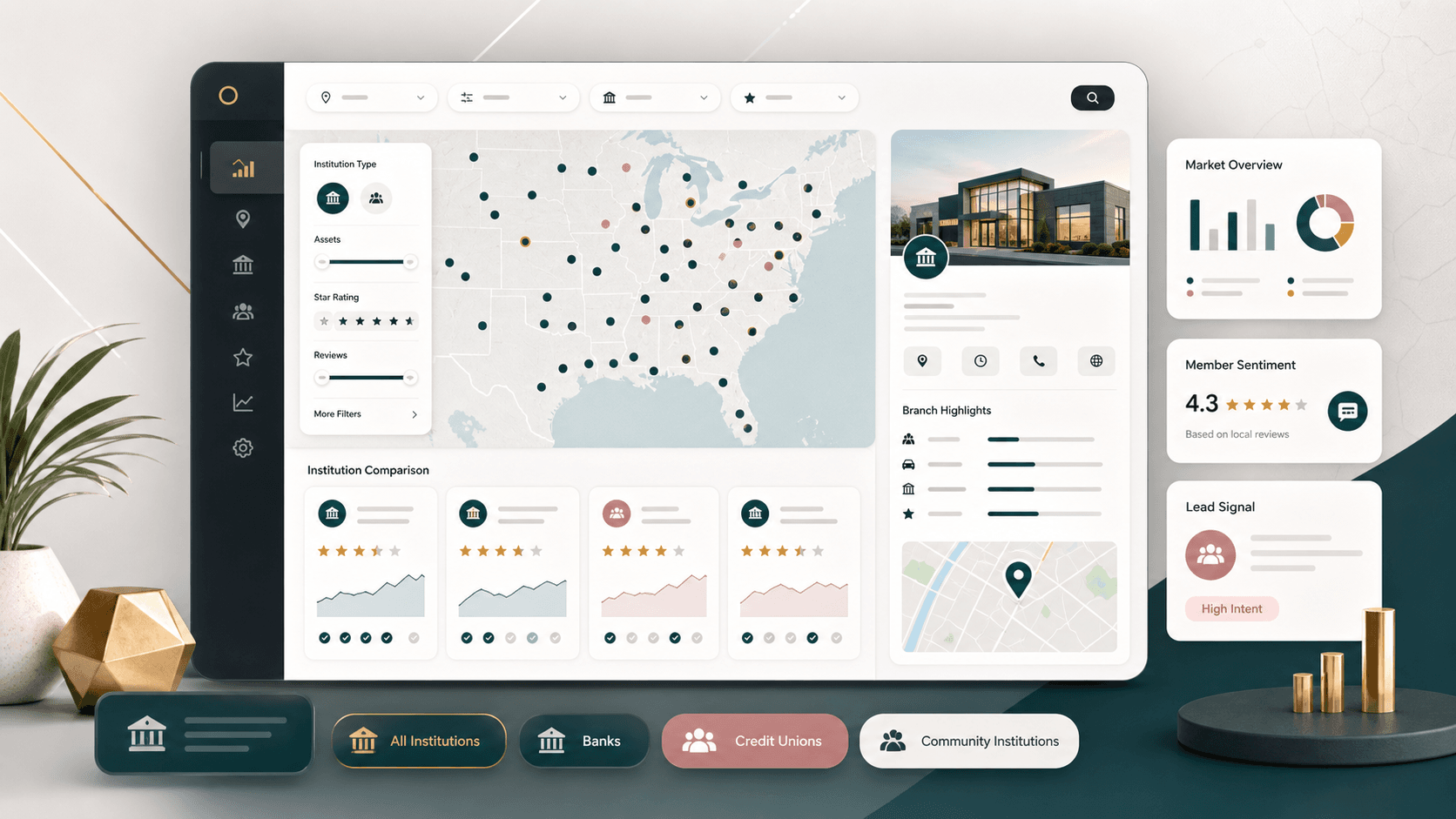 Financial institution discovery platform visual with branch locator map, search filters, comparison cards, ratings, and lead capture panels