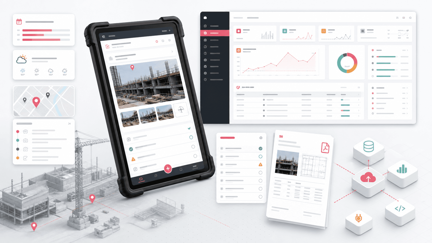 Construction field reporting platform visual with mobile jobsite forms, admin dashboard cards, weather, activity logs, correction checklist, photo evidence, PDF report, and data connectors