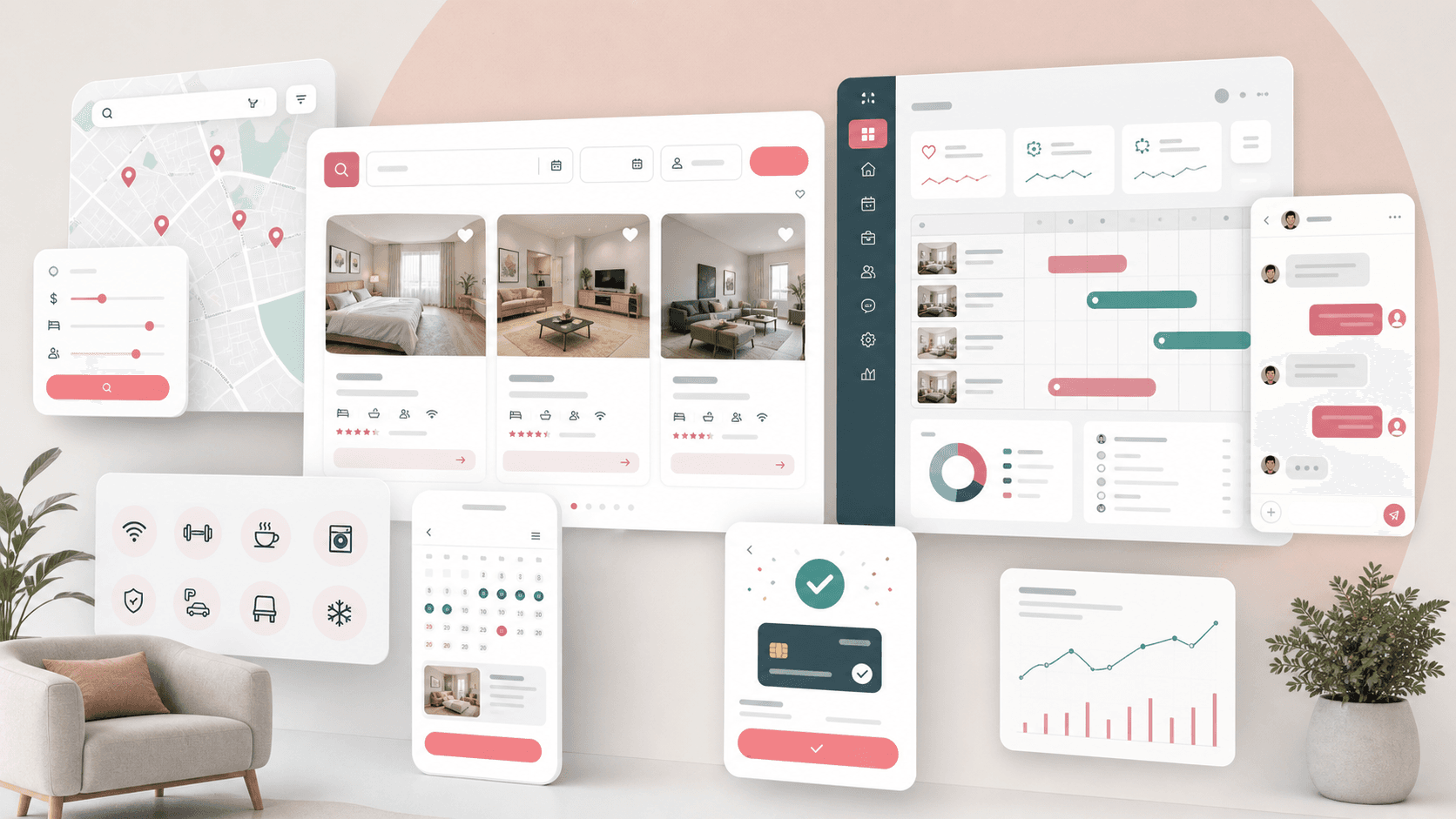 Lodging marketplace platform visual with property cards, booking operations dashboard, map pins, chat, payment confirmation, and amenity icons