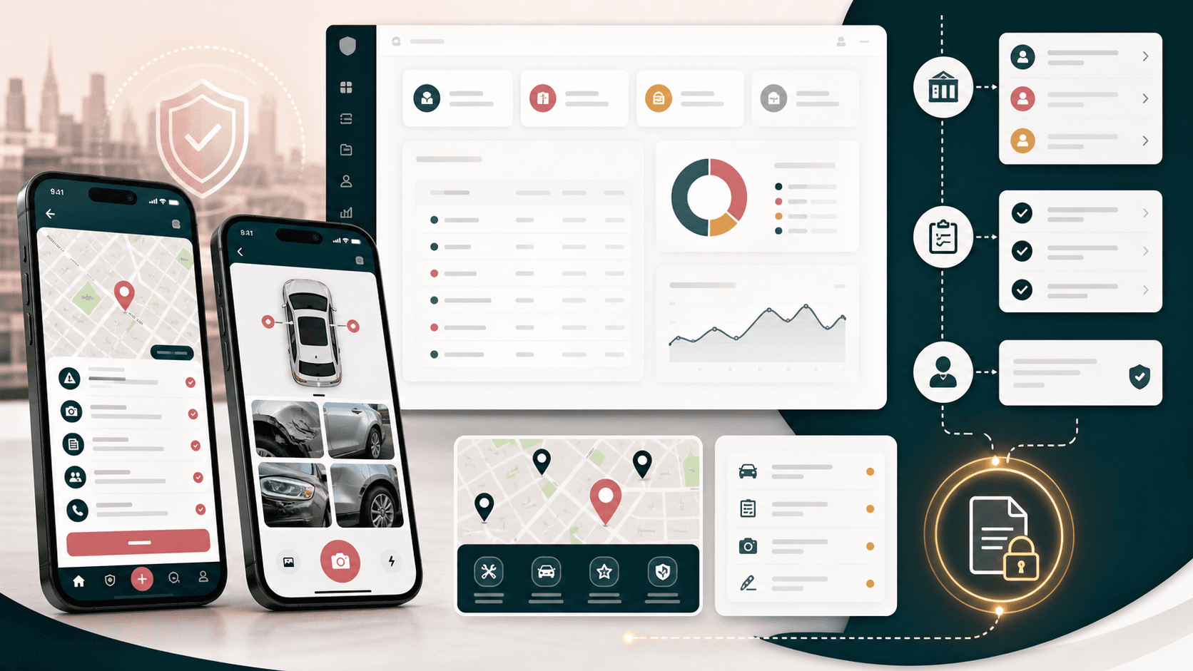 Auto incident assistance platform visual with mobile checklists, vehicle documentation cards, map pins, and admin workflow panels