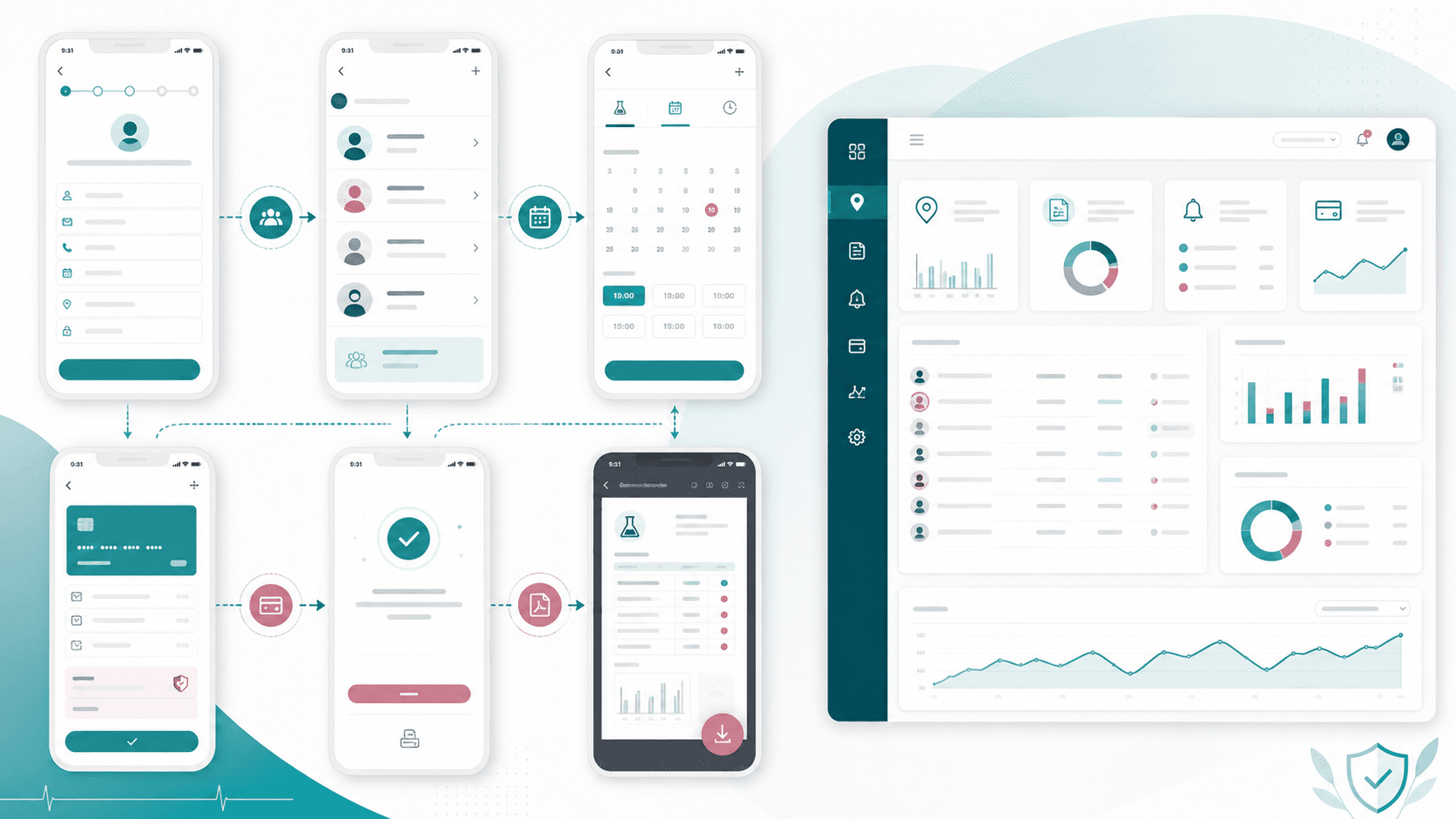 Mobile lab reporting platform visual with patient registration, family profiles, payment confirmation, PDF results, notifications, and backend operations dashboard cards