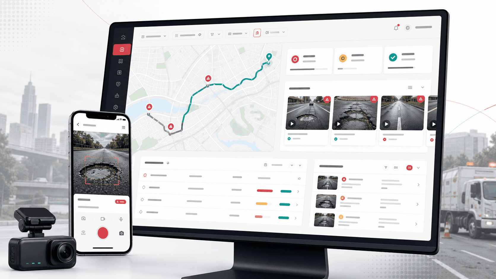 Road intelligence platform visual with a mobile video capture app, route map, pothole detection markers, and operations dashboard cards