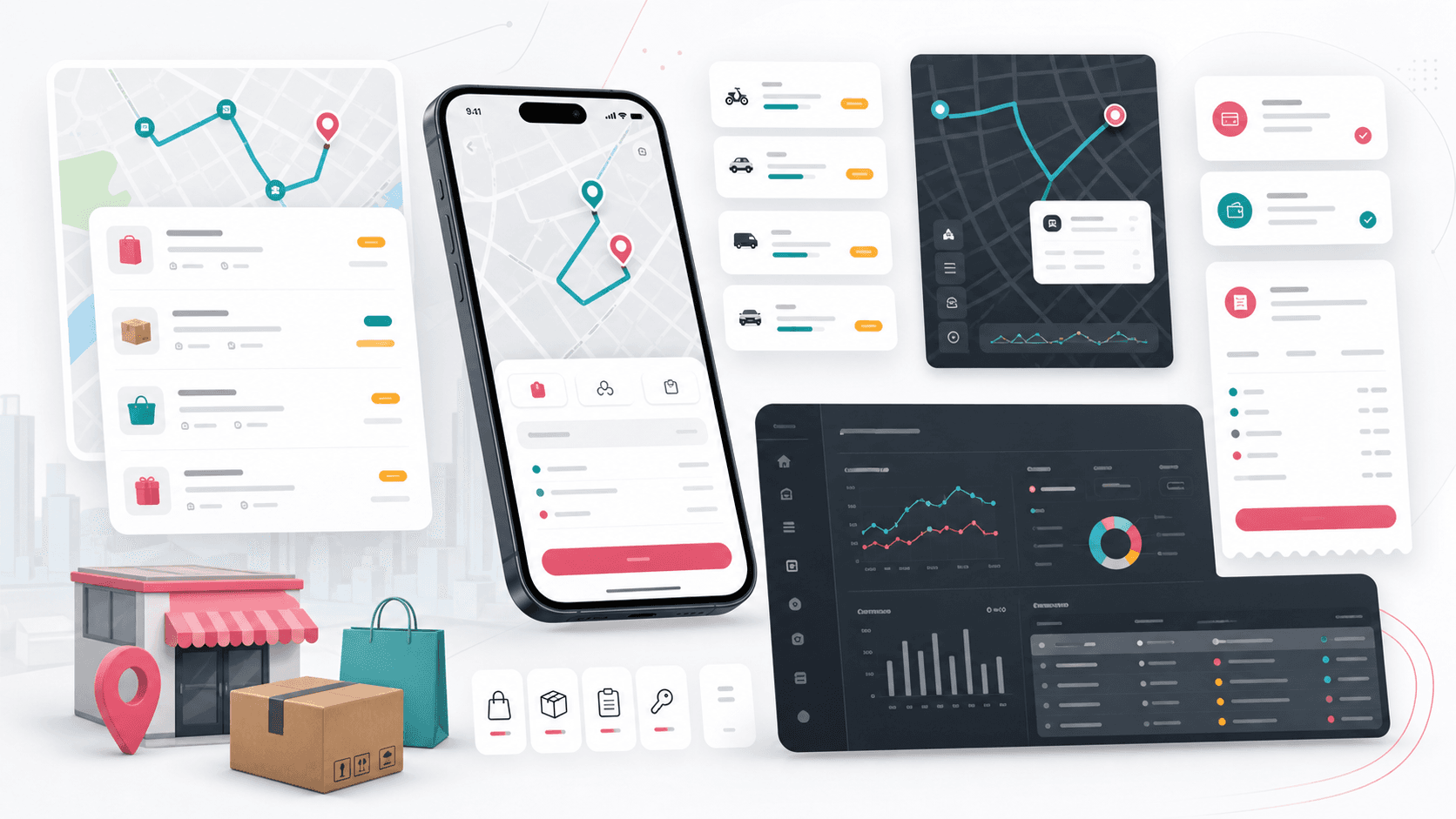 On-demand delivery marketplace visual with mobile app screens, route map, driver bid cards, payment chips, package icons, and operations panels