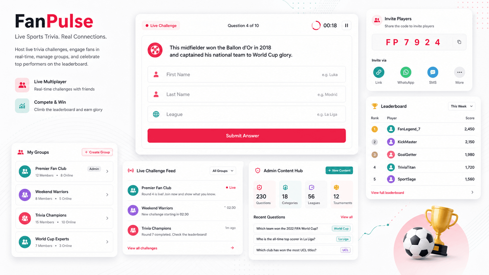 Sports trivia challenge platform visual with timed quiz fields, invite panel, groups, leaderboard, live challenge feed, and admin content hub