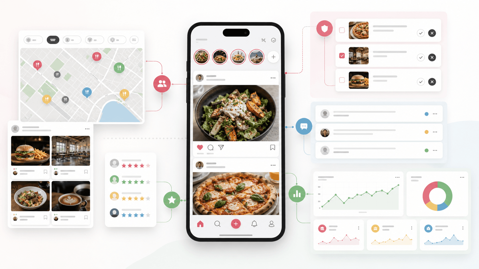 Abstract social dining platform visual with mobile profile cards, restaurant map discovery, meal offer workflows, chat, subscriptions, support, and admin moderation surfaces