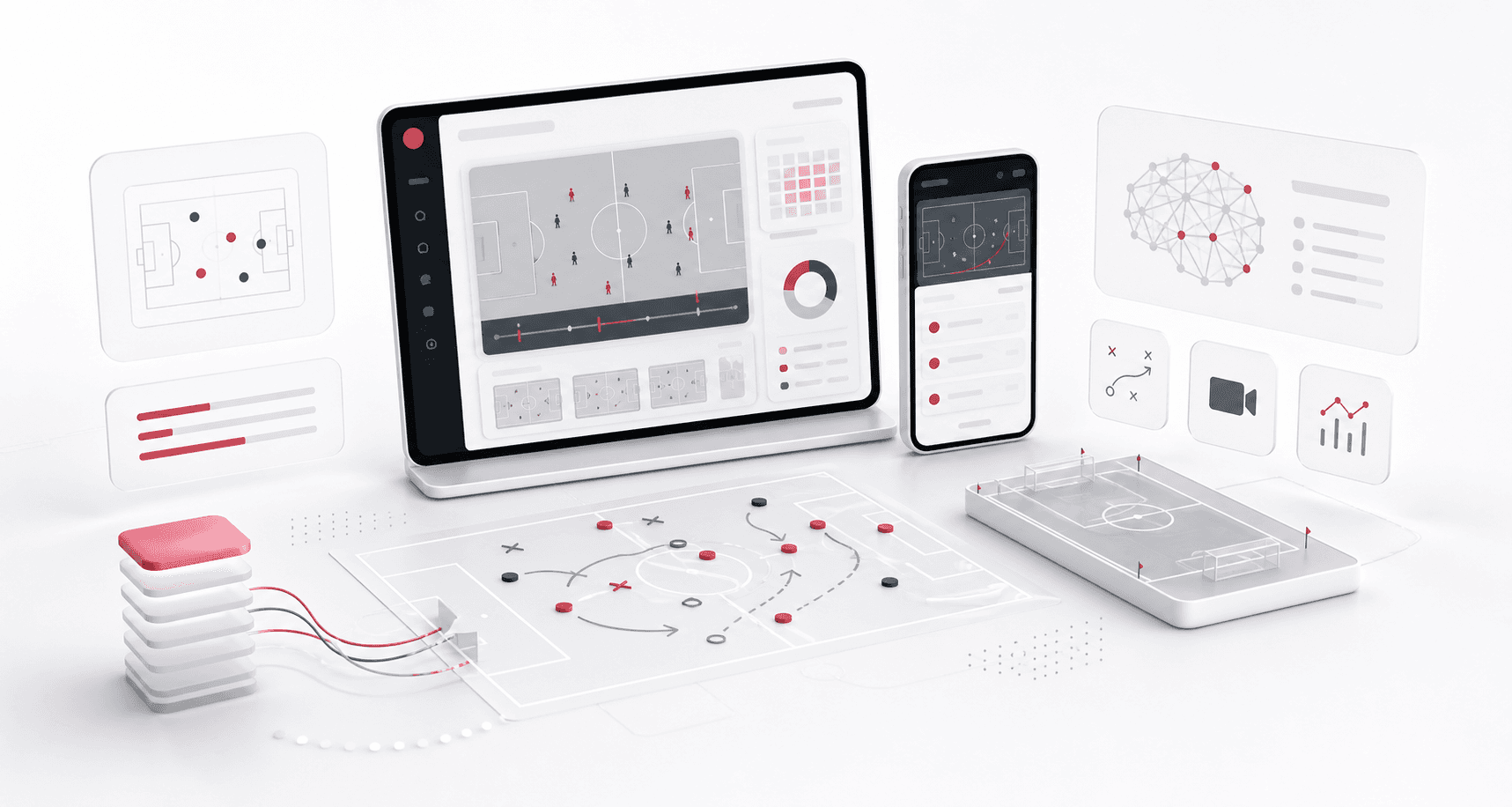 Football coaching intelligence platform visual with analytics cards, app surfaces, play diagrams, and video review elements