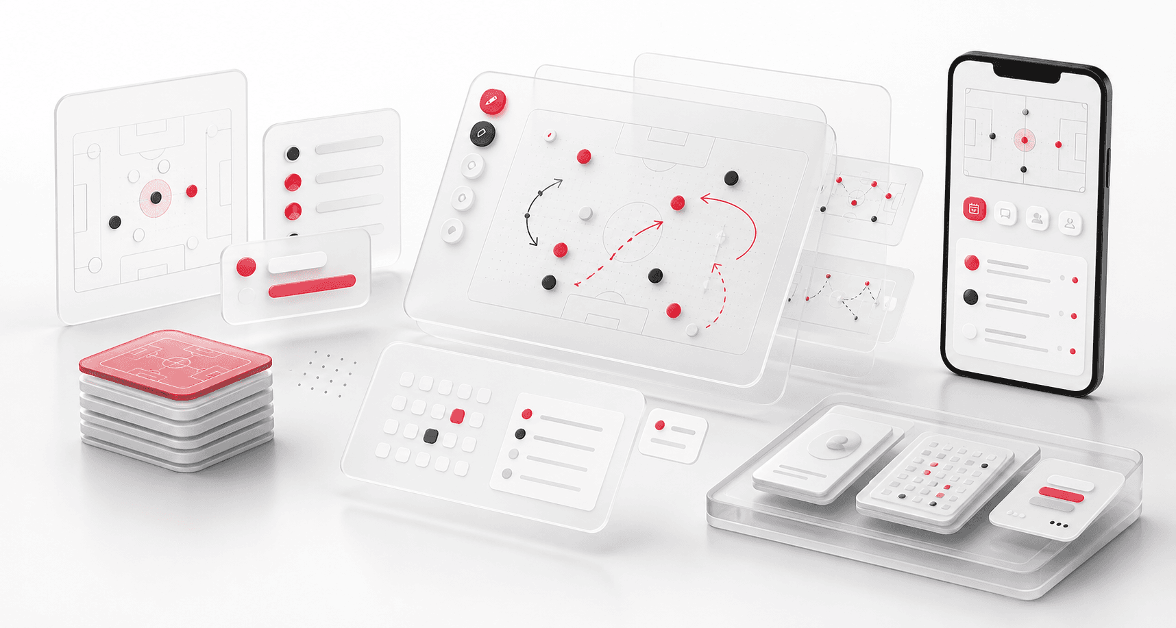 Playbook designer and mobile operations visual with route arrows, schedule cards, chat shapes, and app surfaces