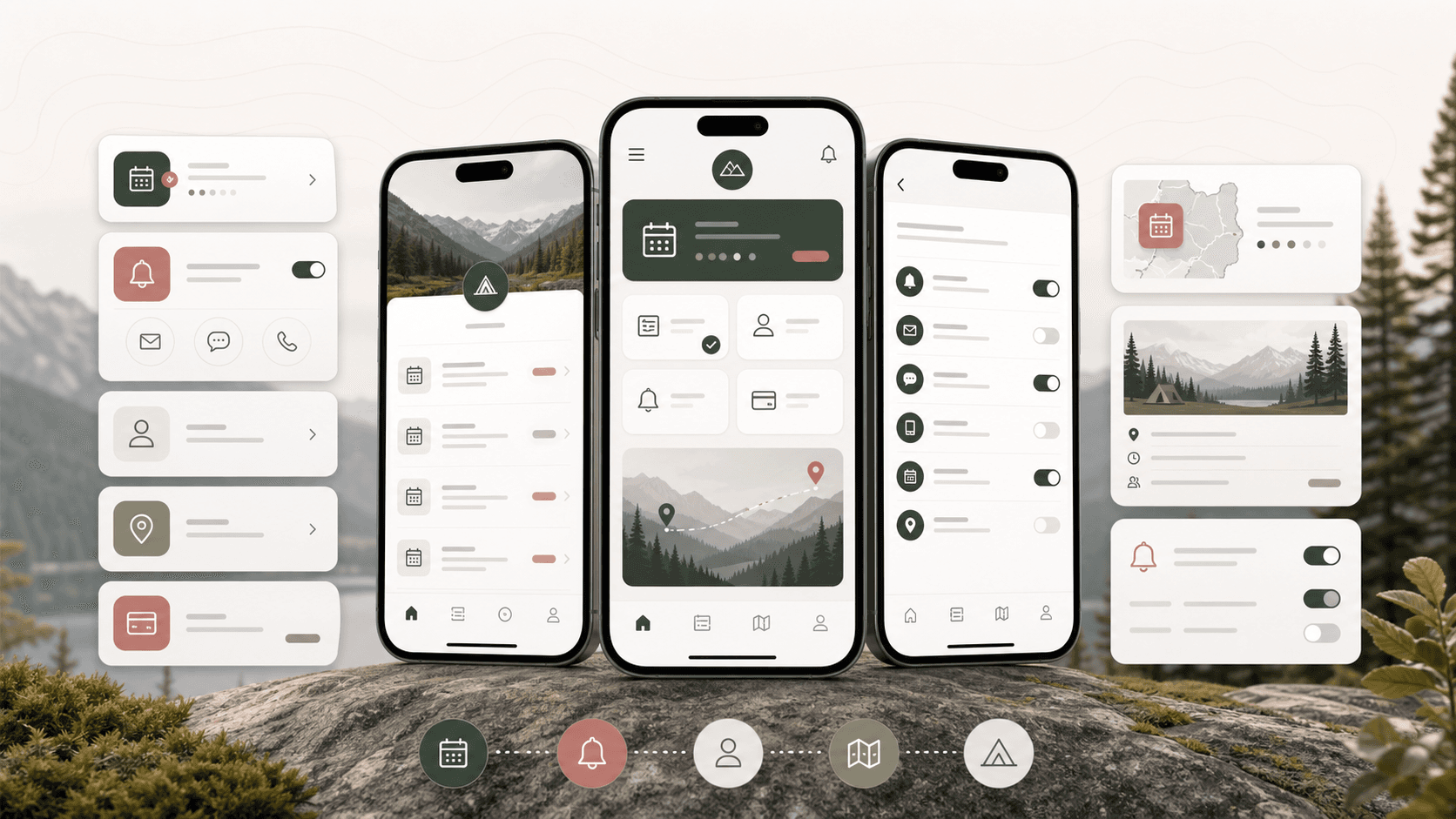 Outdoor membership mobile app visual with phone screens for state reminders, subscriptions, profile management, notifications, and trip planning cards