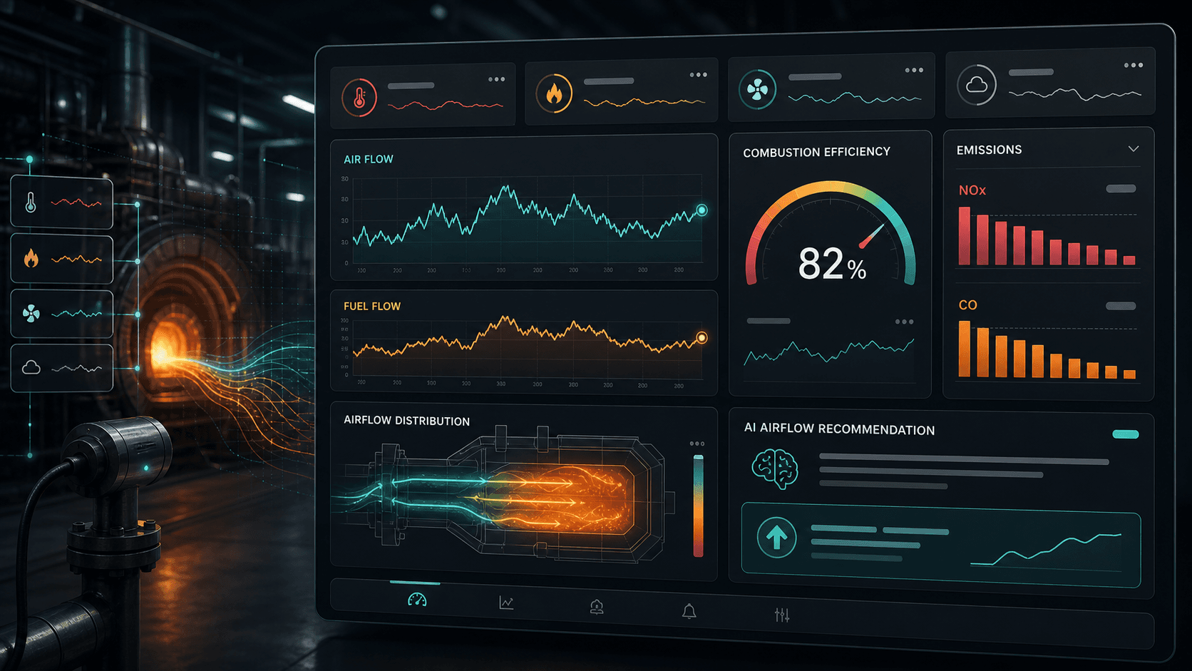 Industrial thermal optimization dashboard visual with flow charts, emissions bars, an efficiency gauge, and AI recommendation cards