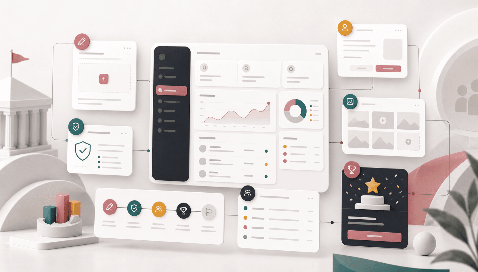 Abstract community nomination and verified voting platform visual with anonymous workflow cards, voting verification, admin review, and winner announcement surfaces