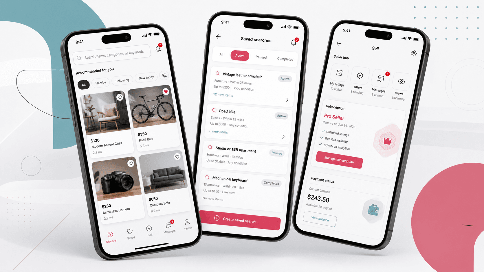 Facebook Marketplace monitoring mobile app visual with saved searches, filtered listing cards, seller controls, notifications, and subscription status