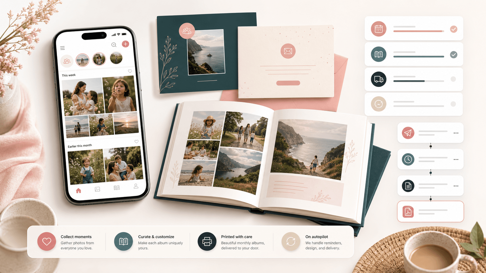 Family memory album platform visual with a mobile photo feed, printed album, invitation cards, reminders, and delivery workflow