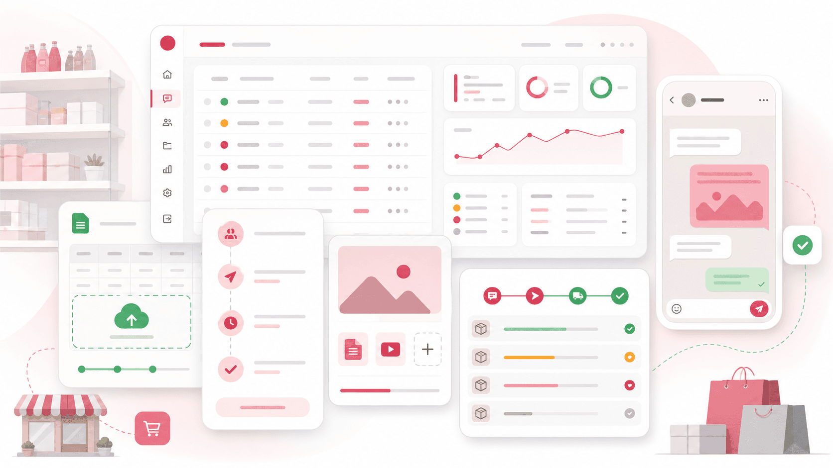 Abstract retail WhatsApp notification operations dashboard with campaign queue cards, contact import surface, message preview, and delivery status indicators