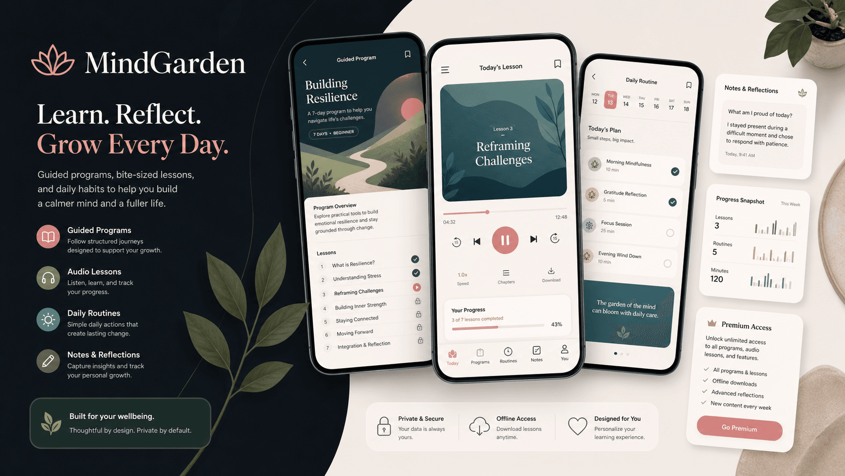Mobile wellness learning platform visual with guided program cards, audio lesson progress, routine tasks, notes, and subscription access