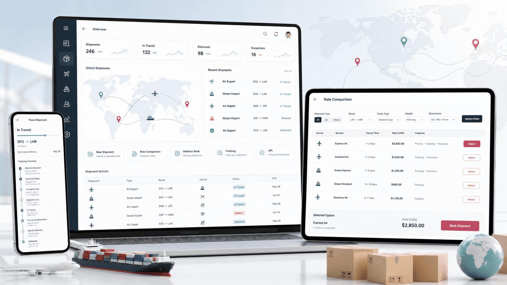 International shipping platform visual with shipment cards, route lines, rate comparison, parcel tracking, and operations dashboard surfaces