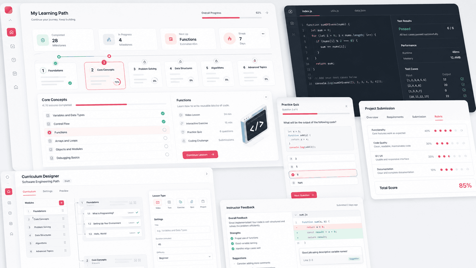 Coding education LMS visual with learning path cards, quiz panel, project submission rubric, instructor feedback, and curriculum designer workspace