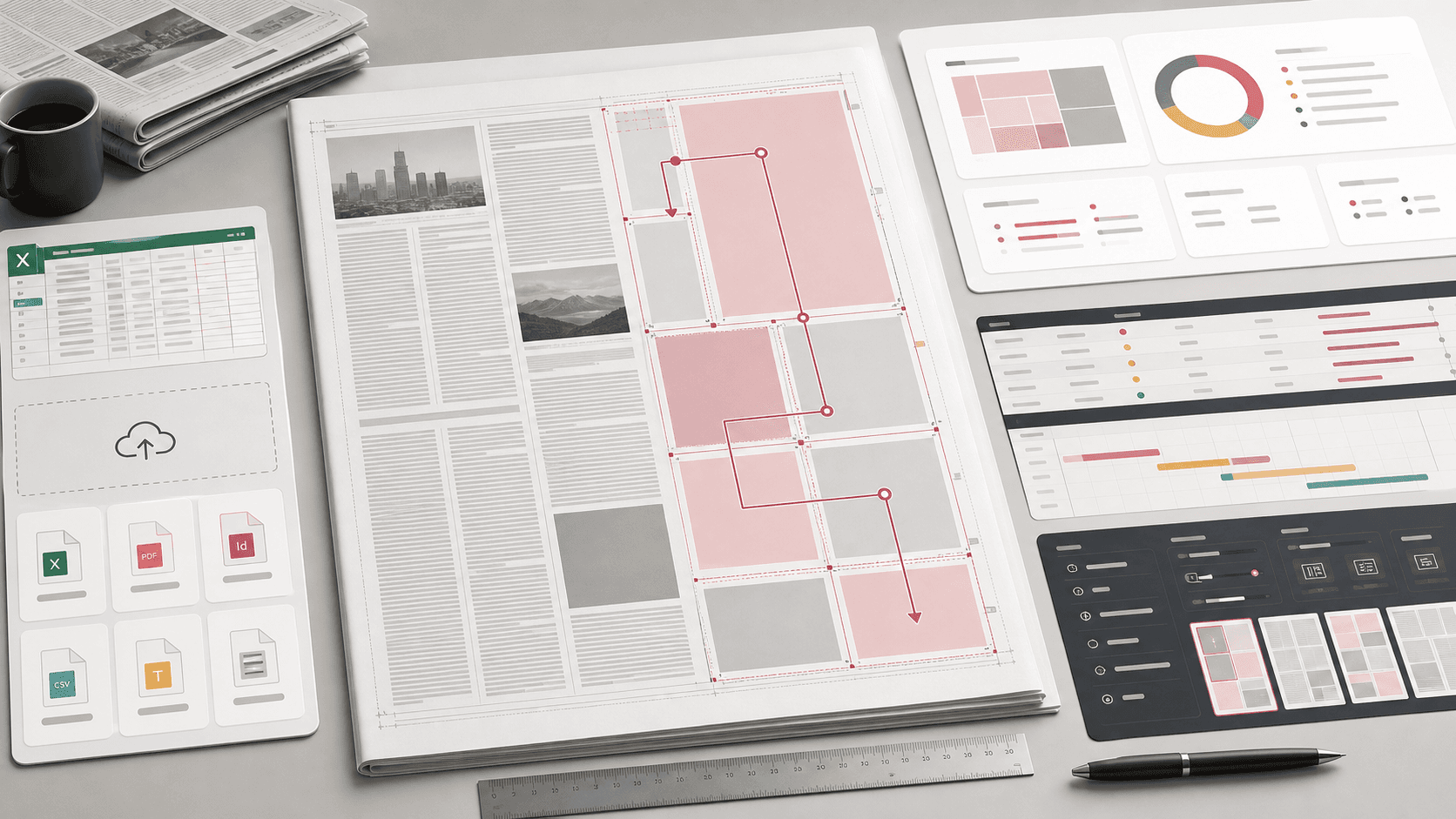 Abstract newspaper advertisement layout automation visual with page grids, ad blocks, import panels, utilization cards, and production workflow surfaces