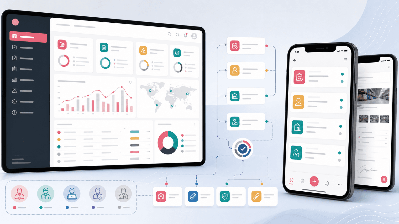 Supplier quality operations platform visual with admin dashboard, mobile workflows, status cards, reports, attachments, and approval paths