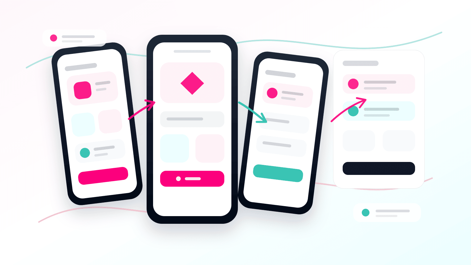 Abstract boutique mobile commerce app visual with product discovery, wishlist, cart, checkout, order tracking, and merchandising workflow screens