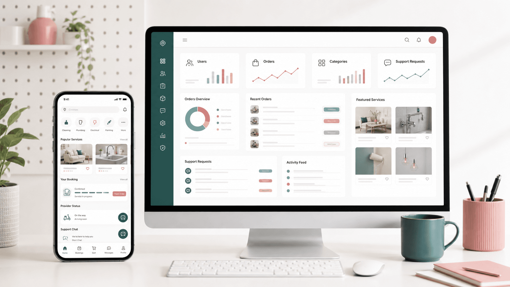 Home services marketplace visual with mobile booking, provider order tracking, support chat, location updates, and admin operations dashboard
