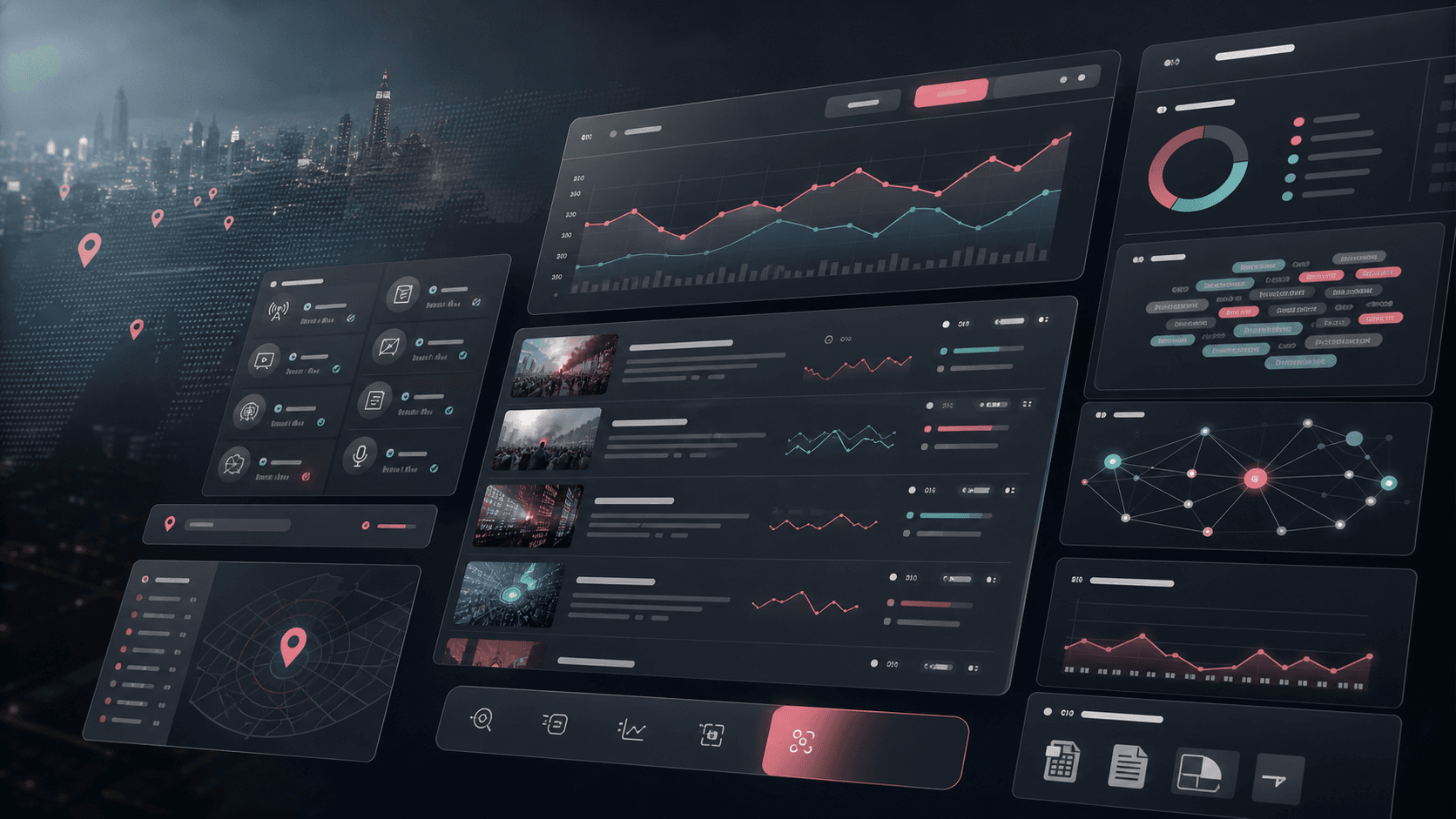 Media intelligence platform visual with anonymous content cards, trend charts, source monitoring panels, locality filter, and AI topic clusters