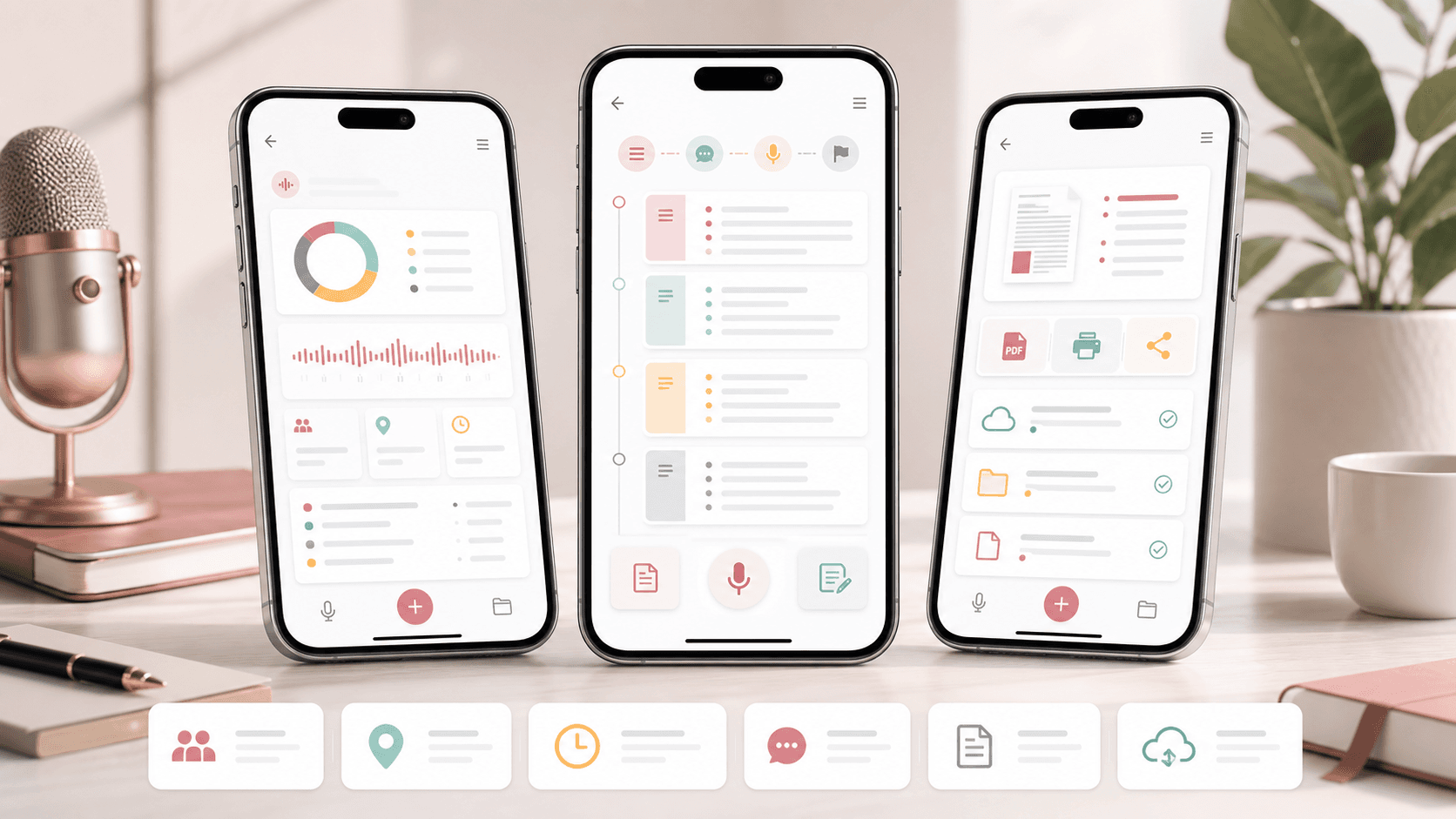 Mobile speech preparation assistant visual with phone screens for analysis, outline writing, speaker notes, dictation, and document export workflows