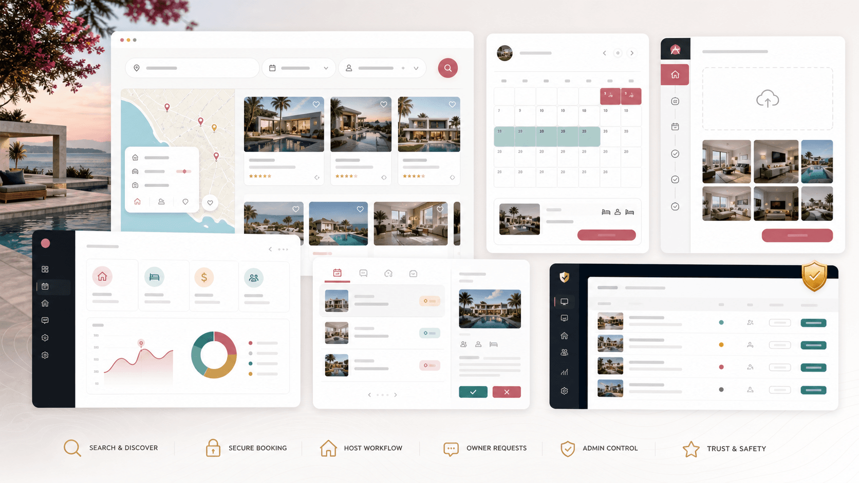 Vacation rental marketplace platform visual with property cards, search filters, booking calendar, host listing workflow, and admin approval controls