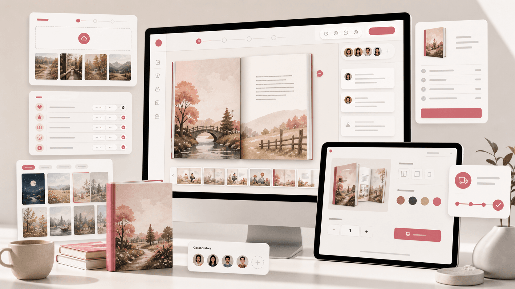 Personalized storybook web app visual with upload, guided questions, template gallery, editable pages, checkout, and print order panels