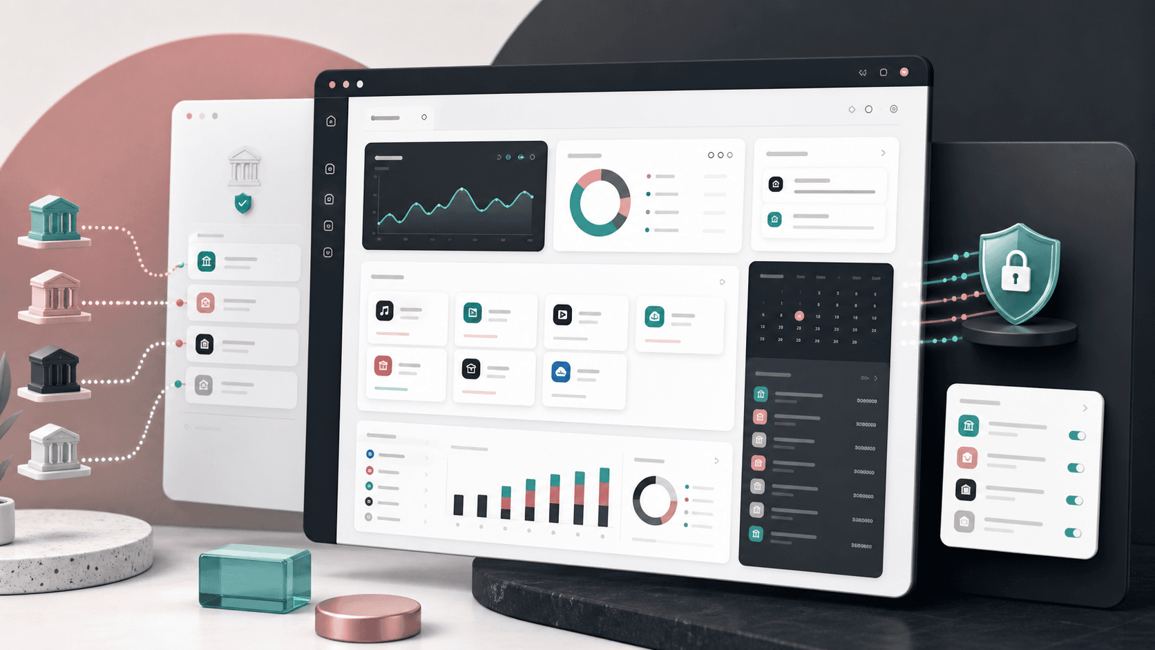 Abstract fintech dashboard visual with bank connection cards, subscription reminders, spending overview panels, and secure API data-flow elements