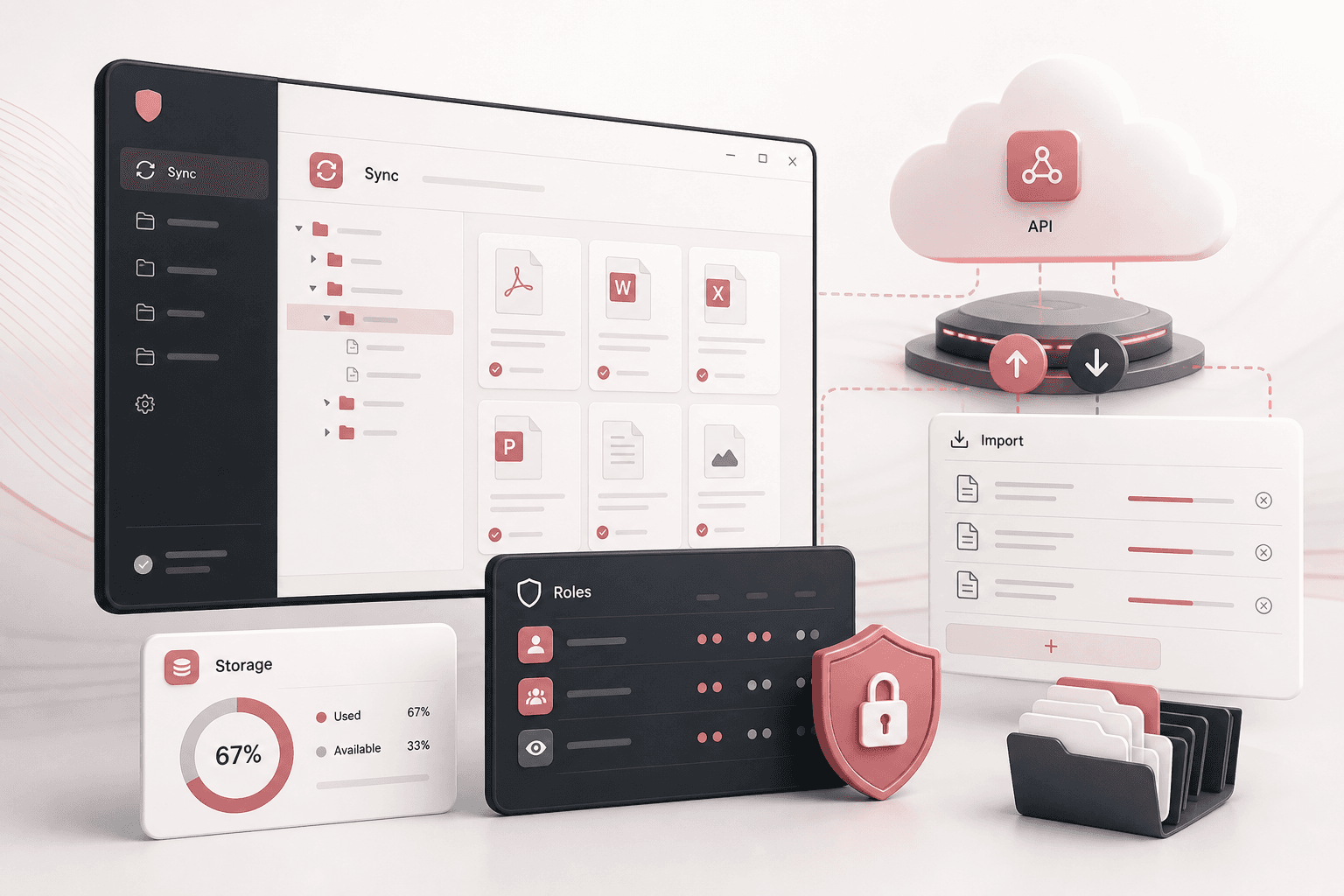 Secure document sync platform visual with desktop folder tree, bulk import queue, cloud API hub, storage meter, and role access controls