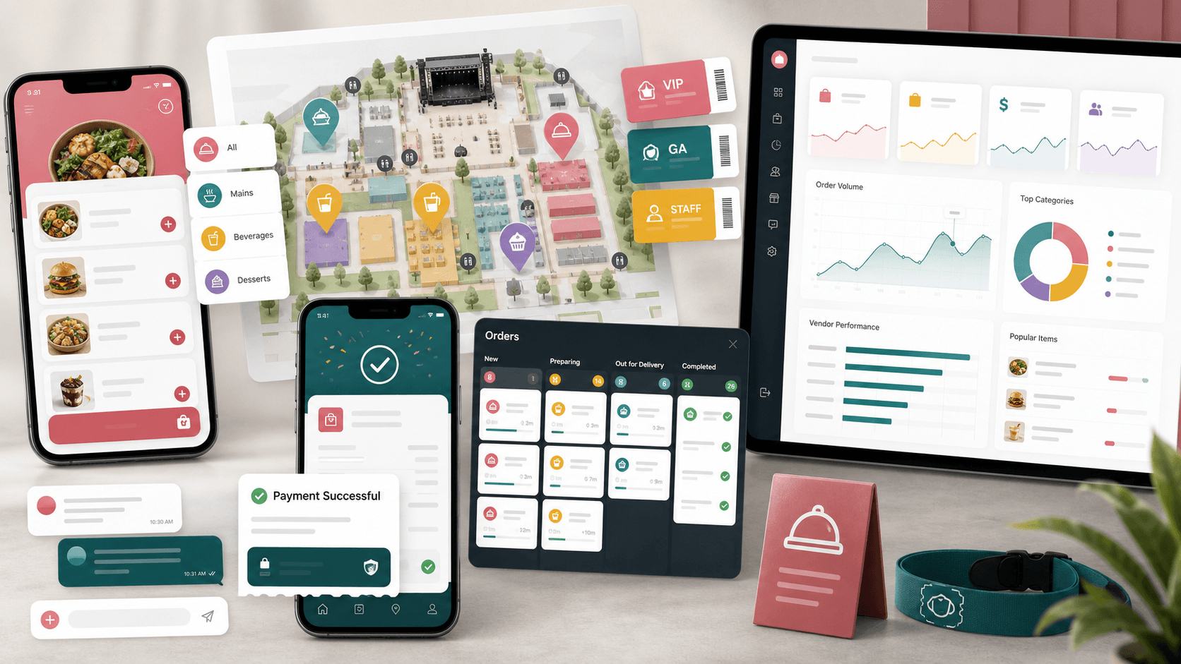 Event commerce platform visual with mobile ordering screens, vendor operations dashboard, ticket badges, order lanes, payment confirmation, chat, coupons, and analytics charts
