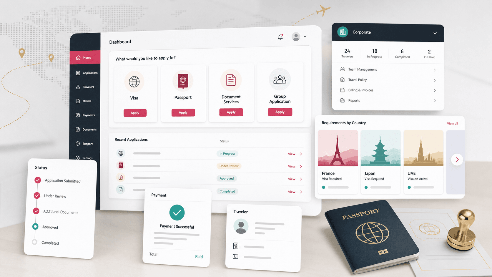 Travel document services platform visual with visa, passport, application status, payment, corporate account, and country requirement modules