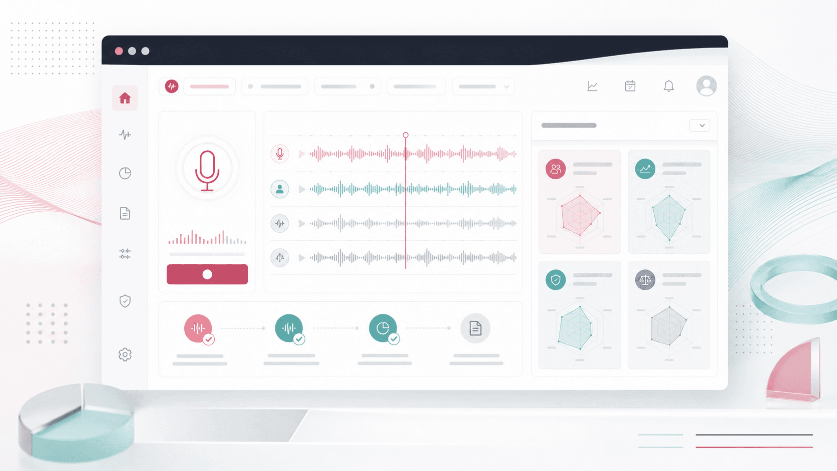 Speech analytics web platform visual with waveform capture, processing status, and anonymized report cards