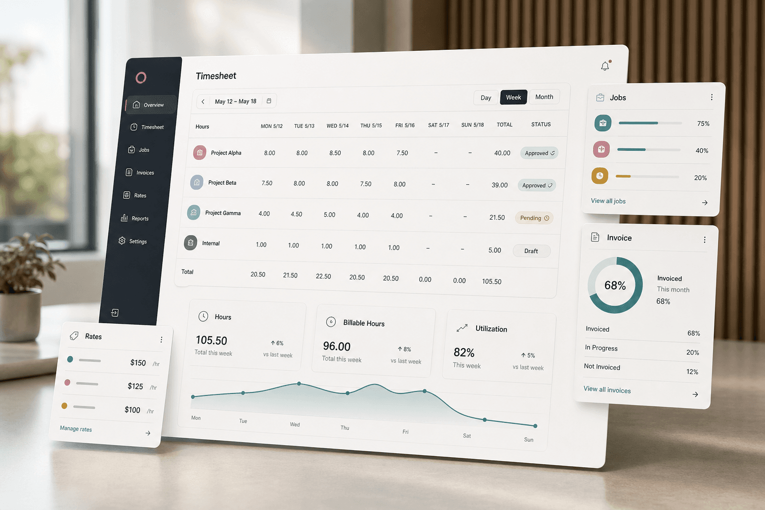 Workforce operations dashboard visual with weekly timesheets, job cards, invoice status panels, employee rates, and approval indicators