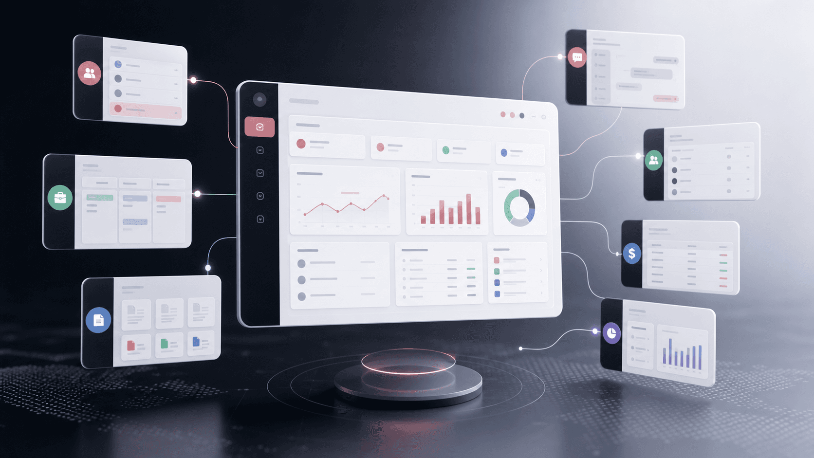 Abstract business operations platform visual with anonymous dashboard panels for projects, clients, documents, chat, finance, HR, and reporting
