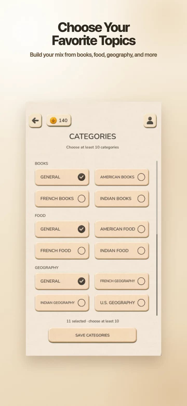 Quaddle category preferences for books, food, geography, and other word topics.