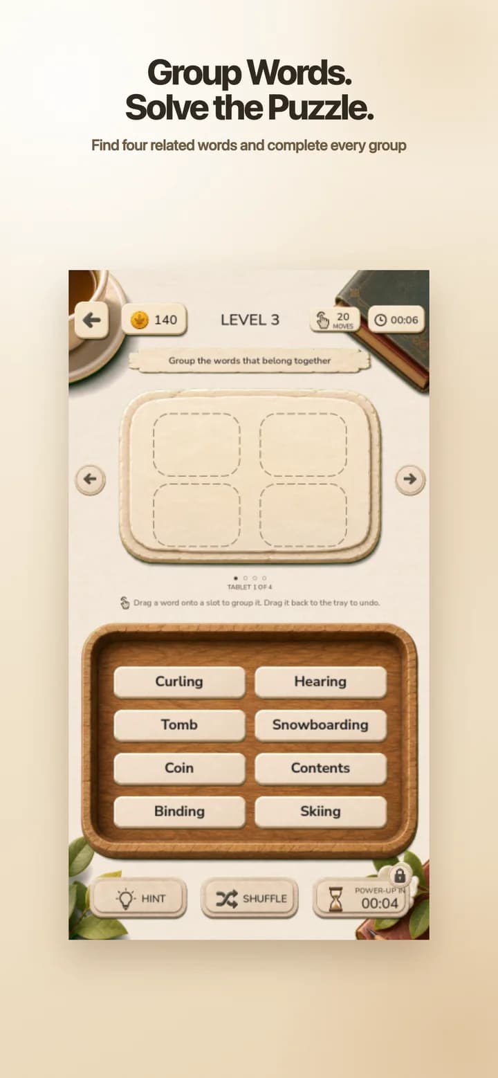 Quaddle gameplay showing word tiles that can be moved into four related groups.