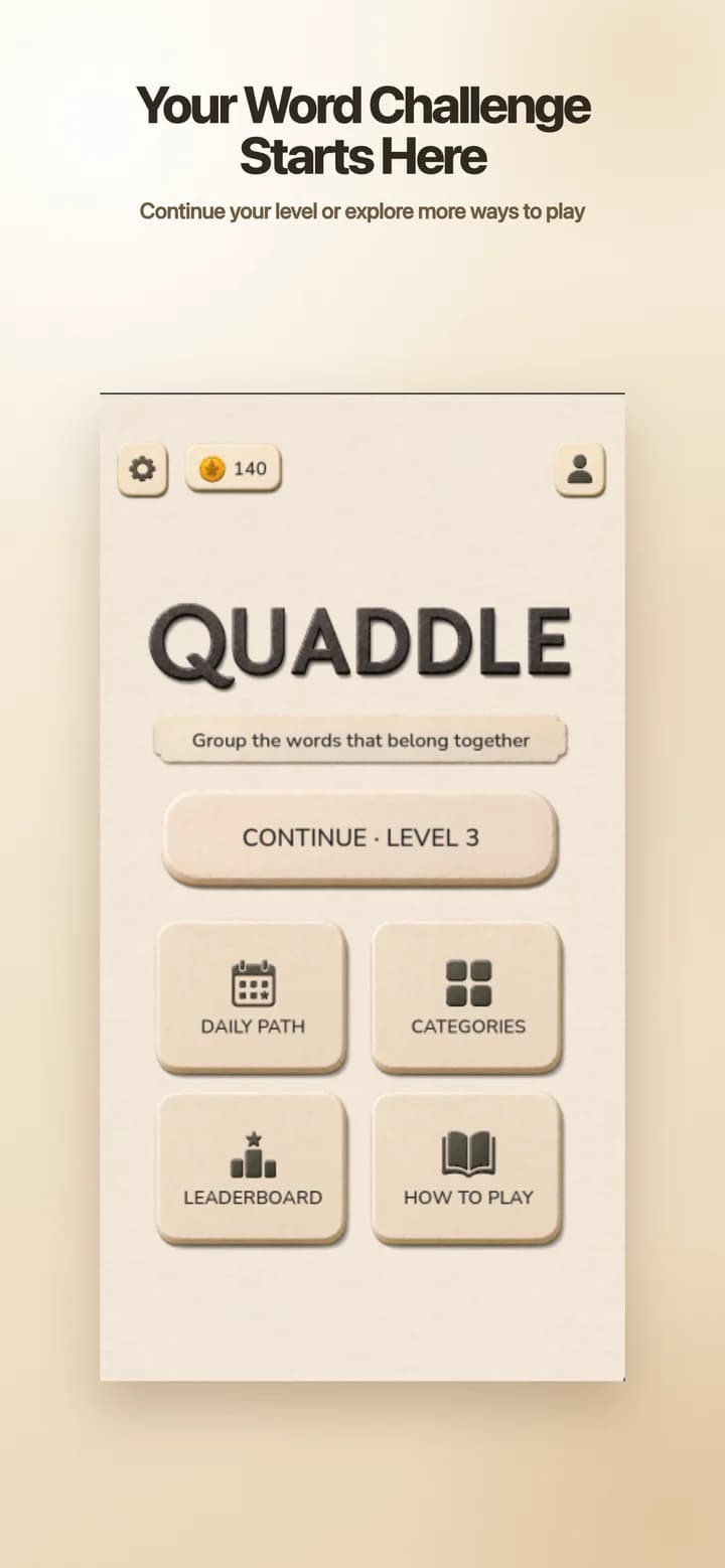 Quaddle home screen with Continue, Daily Path, Categories, Leaderboard, and How To Play actions.