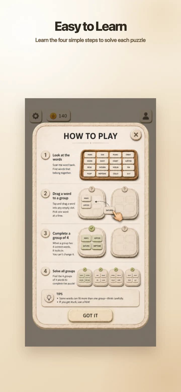 Quaddle How To Play guide explaining the four steps for solving a word puzzle.