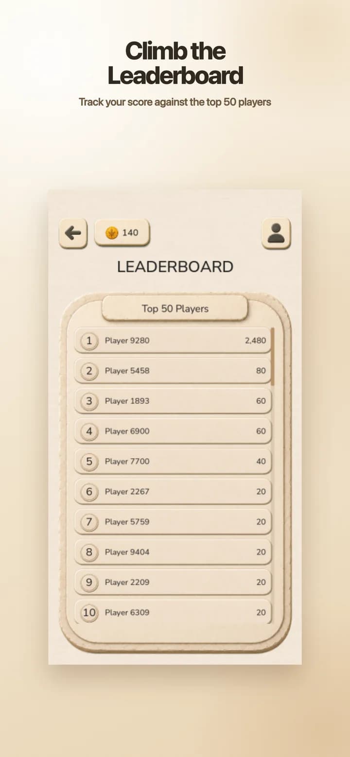 Quaddle leaderboard showing ranked player display names and scores.