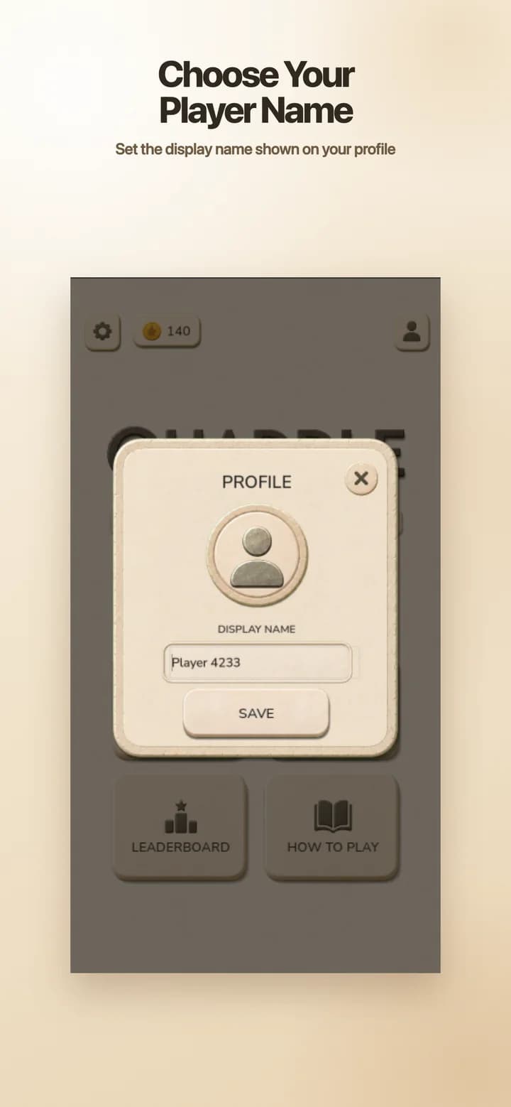 Quaddle profile dialog where a player can choose the display name shown on their profile.