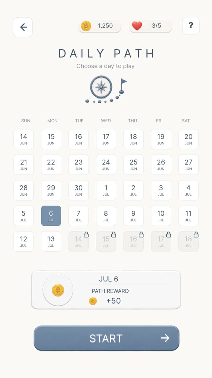 Outrow Daily Path calendar with a selected day, path reward, and Start action.