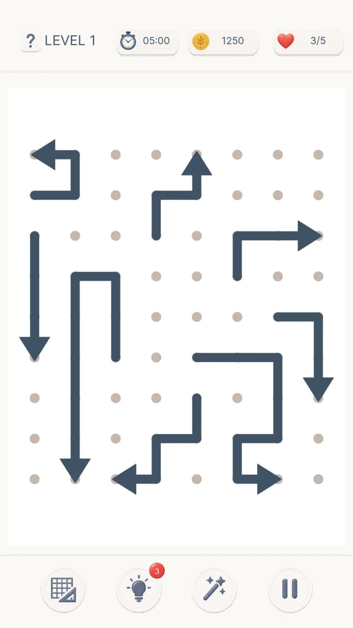 Outrow gameplay board with curved arrows, lives, score, timer, hints, wand, and pause controls.