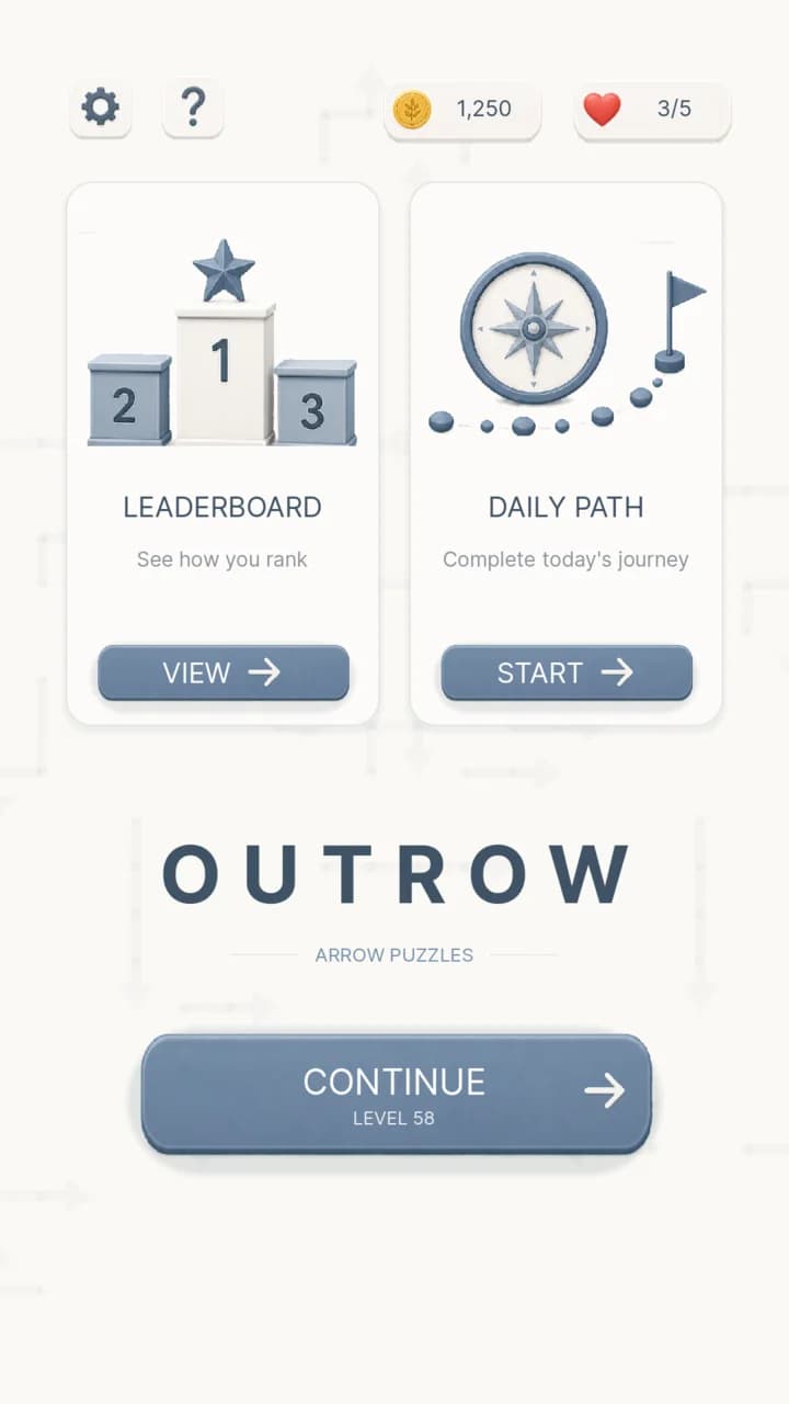 Outrow home screen with Continue, Daily Path, and Leaderboard actions.