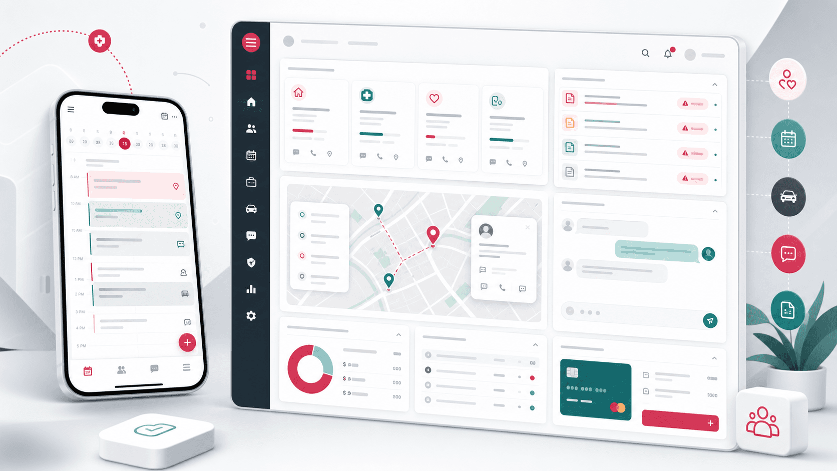 Healthcare field operations platform visual with mobile clinician scheduling, patient coordination cards, document due alerts, location pins, messaging, and admin dashboard surfaces