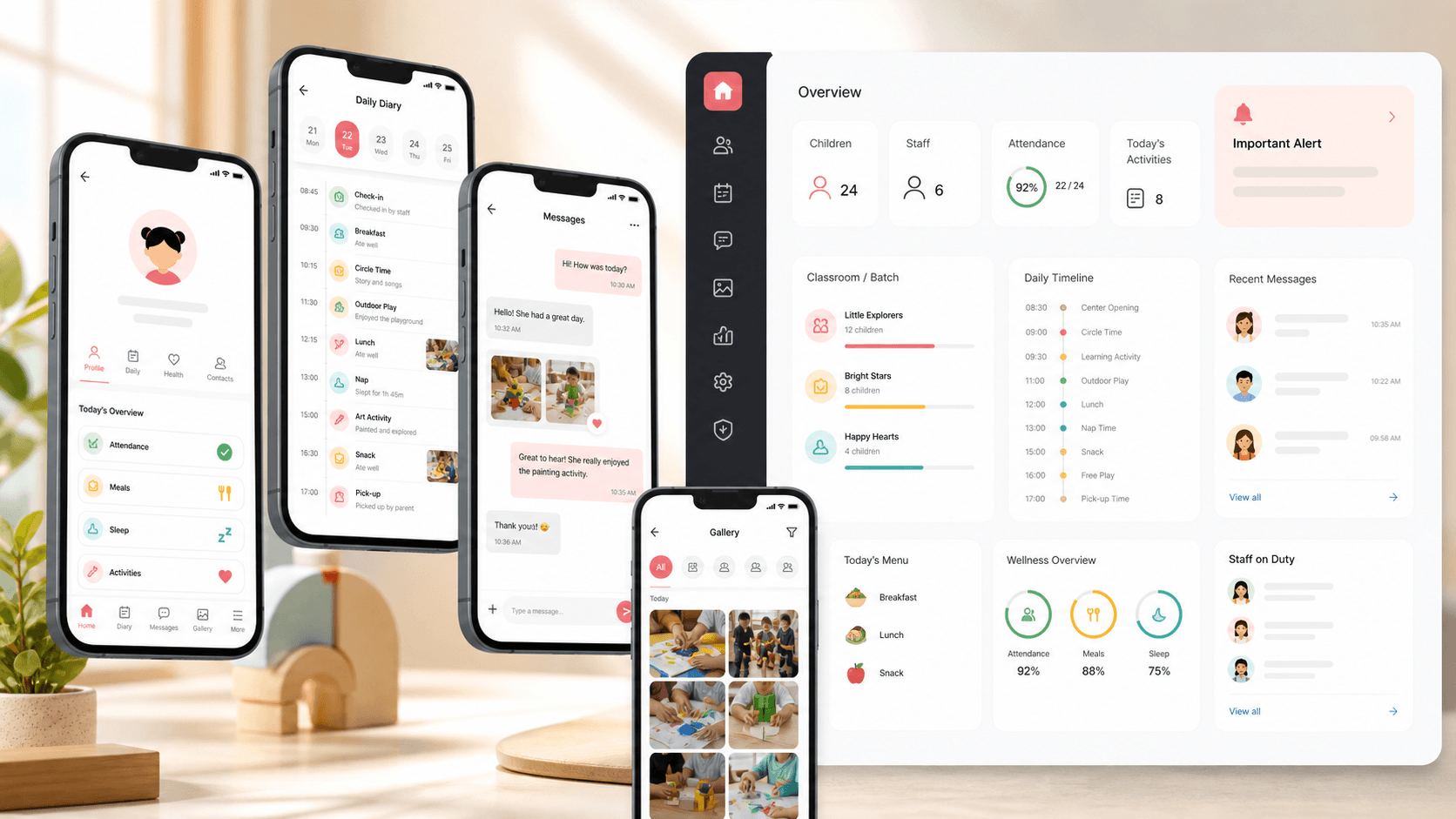Childcare operations mobile app visual with child profile cards, diary timeline, parent staff messages, gallery tiles, alerts, and classroom roster elements