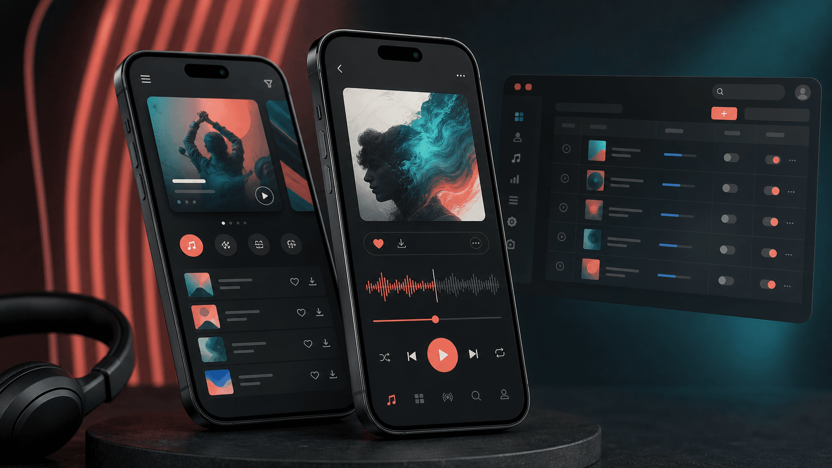Mobile music streaming app visual with playlist cards, playback controls, favorites, downloads, and catalog discovery surfaces