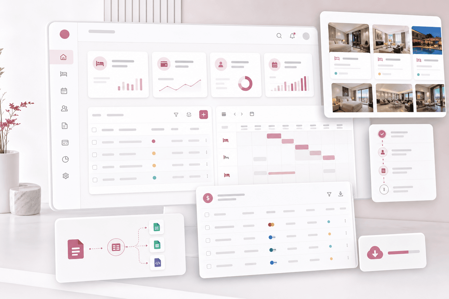 Abstract hospitality operations admin platform visual with hotel inventory, project budget, stay allotment, payment, schedule, and export dashboard panels